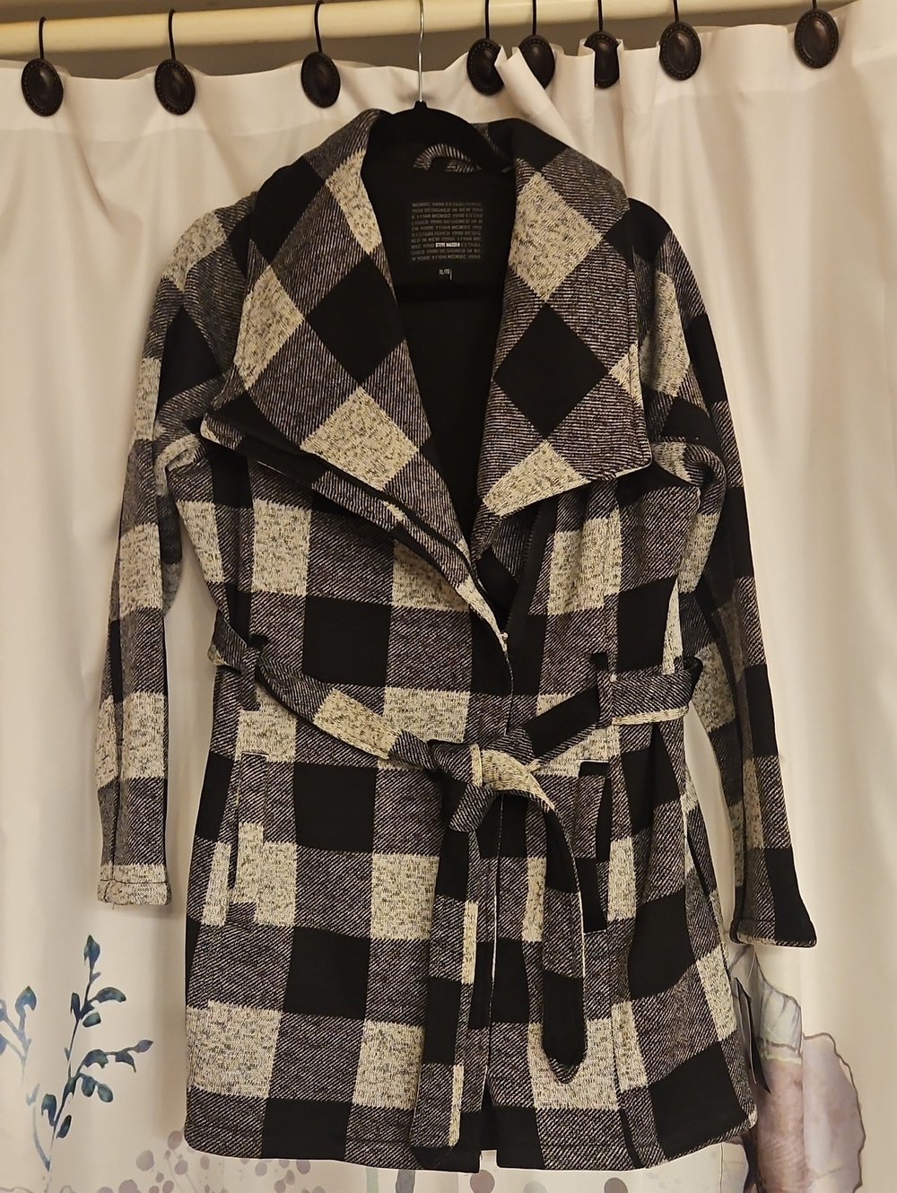 Steve Madden Black & Cream Plaid Belted Trench Coat